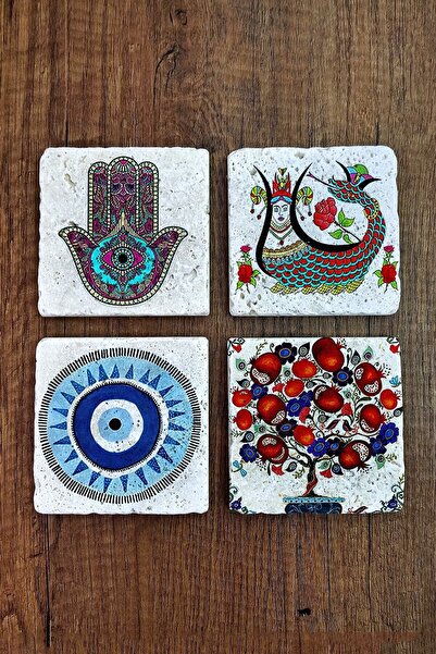 Begoloni Stone Decor قواعد أكواب حجرية بطبعة شجرة الرمان شماران عين الشر همسة، مجموعة من 4 - قواعد حجرية