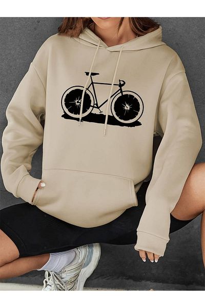 PALPİTO Hanorac pentru damă, cu 3 fire, cu imprimeu bicicletă bej - cu glugă