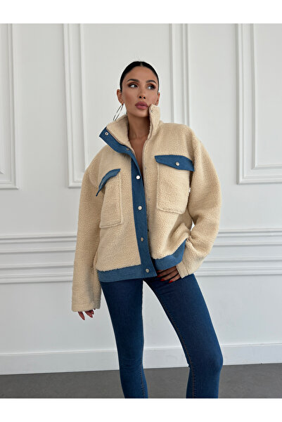 Benisengiydir Γυναικείο βελούδινο μπουφάν σε μπεζ-μπλε υπερμεγέθη - όρθιο γιακά, φερμουάρ και κούμπωμα