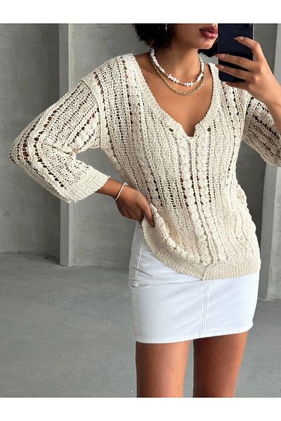 Miss Allos V-neck Lace Detailed Knitwear Sweater - Women's Openwork Lace Knit