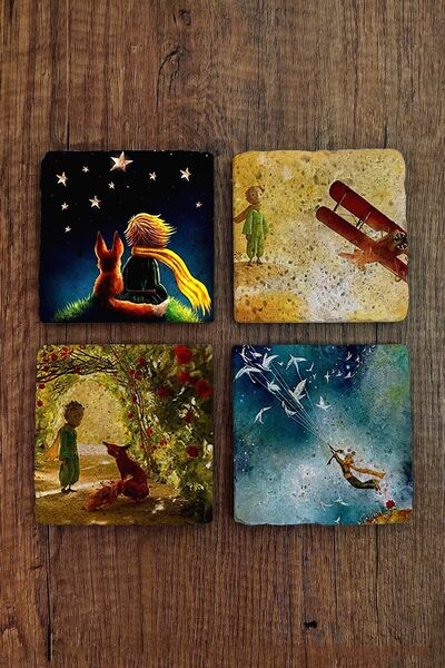 Begoloni Stone Decor Taş Bardak Altlığı Küçük Prens Baskılı Baskılı 4'lü Set ...