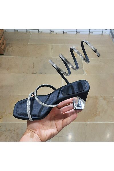 BRGL Women's Transparent Heel Akordeon Stone Filled Satin Evening Shoes