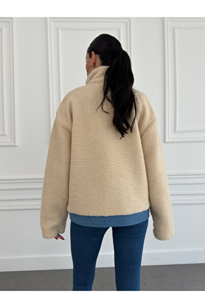 Benisengiydir Γυναικείο βελούδινο μπουφάν σε μπεζ-μπλε υπερμεγέθη - όρθιο γιακά, φερμουάρ και κούμπωμα