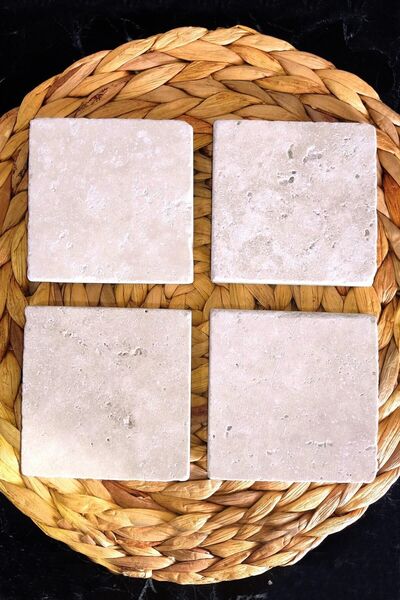 Begoloni Stone Decor Traverten Doğal Taş Bardak Altlığı 4’lü Set, Baskısız Bo...