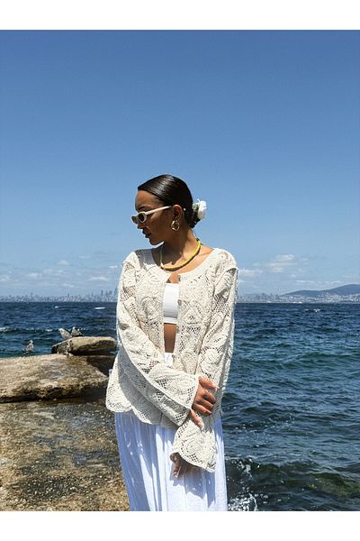 Miss Allos Round Neck and Button Detailed Lace Knitwear Women's Cardigan