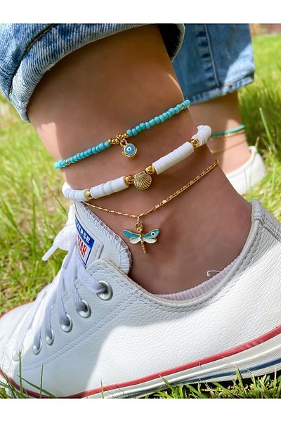 Lucky Designs مجموعة خلخال ثلاثية ملونة باللون الفيروزي الأبيض/مجموعة خلخال اليعسوب