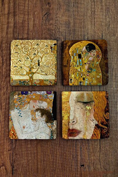 Begoloni Stone Decor Doğal Taş Bardak Altlığı Gustav Klimt Eserleri Baskılı 4...