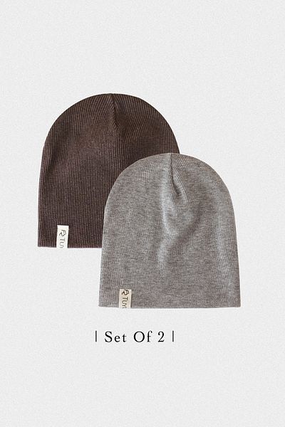 Doğan Collection Bitter Brown and Gray 2-piece Ribbed Beret Set