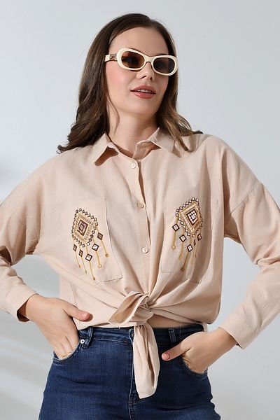 FoR ShE Forshe Women's - Embroidered Long Sleeve Shirt, Stone Color 71422