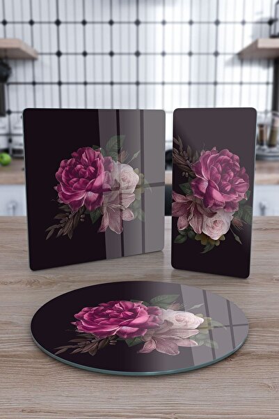 Decovetro Cam Sunum Servis Tabağı 3'lü Karma Set Pembe Gül Desenli