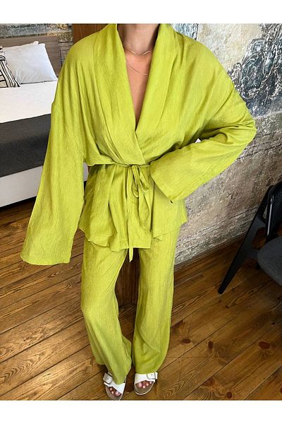 My Blog Pistachio Color Shawl Collar Kimono and Pants Set
