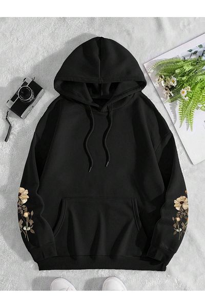 mercoledi Hanorac oversize unisex cu glugă cu mâneci cu flori imprimate