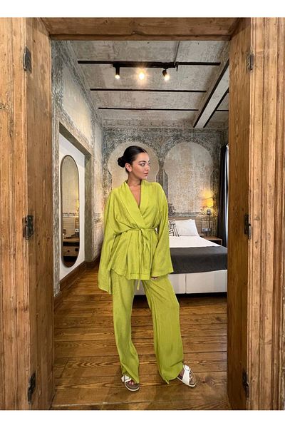 My Blog Pistachio Color Shawl Collar Kimono and Pants Set