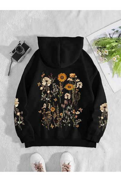 mercoledi Hanorac oversize unisex cu glugă cu mâneci cu flori imprimate