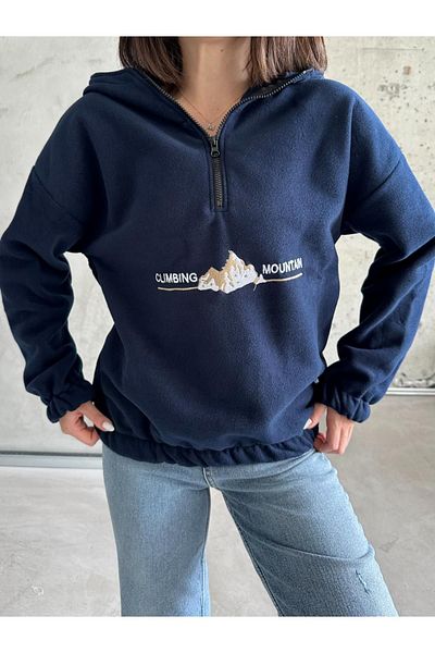 RASCHA Women's Navy Blue the Mountain Embroidered Oversize Fleece Half Zipper Sweatshirt