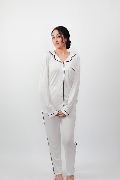 cotonhause White Seasonal 100% Cotton Soft Pajama Set - Comfortable Buttoned Stylish Design 24637