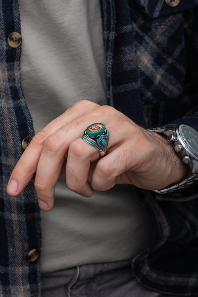 ALYANSEVİM Elif Vav Harfli Mavi Taşlı 925 Gümüş Erkek Yüzük