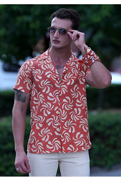 Exve Exclusive Orange Beige Hawaiian Style Floral Printed Comfortable Summer Shirt