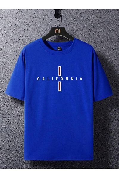 RASCHA Ανδρικό μπλουζάκι Saks Blue California Vertical Printed Oversize