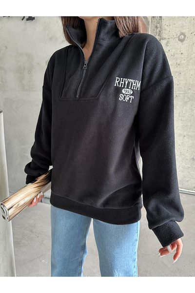 RASCHA Hanorac fleece oversize cu fermoar brodat Rhythm negru pentru femei