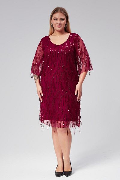 Seamoda Plus Size V-neck - Fringe Sequin Embroidered Evening Dress Claret Red