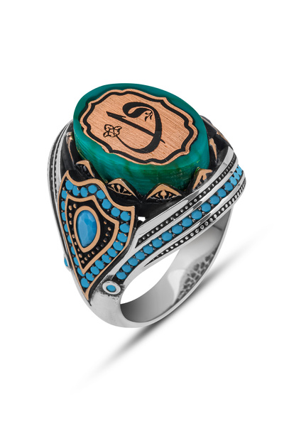 ALYANSEVİM Elif Vav Harfli Mavi Taşlı 925 Gümüş Erkek Yüzük