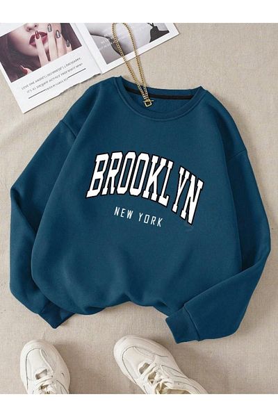 RASCHA Φούτερ Unisex Petrol Blue Brooklyn με στάμπα Oversize Crew Neck