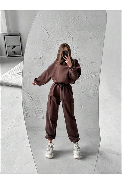 RASCHA Women's Brown Kangaroo Oversize Crop Set with Pockets