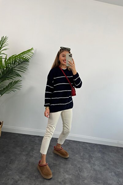 Jose Clothing Sötétkék csíkos női kötöttáru pulóver