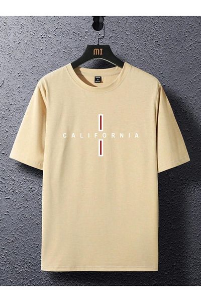 RASCHA Ανδρικό μπλουζάκι μπεζ California Vertical printed Oversize