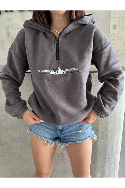 RASCHA Women's Dark Gray the Mountain Embroidered Oversize Zippered Fleece Sweatshirt