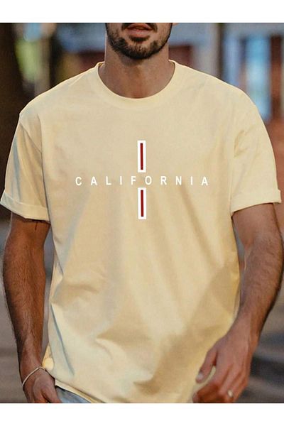 RASCHA Ανδρικό μπλουζάκι μπεζ California Vertical printed Oversize