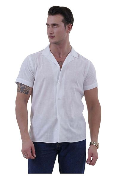 Exve Exclusive Λευκό λινό υφαντό Basic Hawaiian Oversize Loose κοντομάνικο πουκάμισο