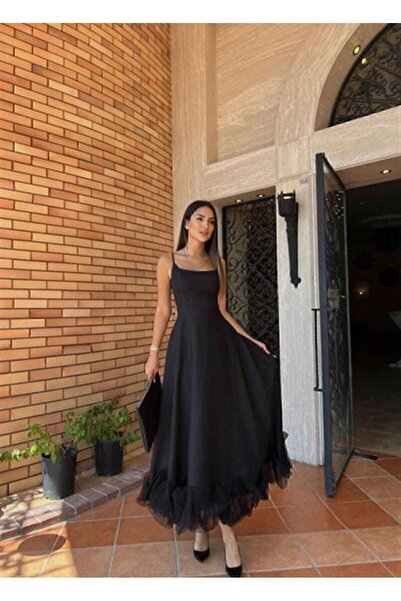 MODA DURAĞI Kaliteli KADIN ETEĞİ TÜL DETAYLI ASKILI MİDİ BOY ABİYE ELBİSE