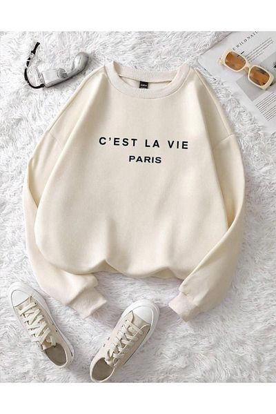 RASCHA Φούτερ Unisex Beige Cest La Vie με στάμπα Oversize Crew Neck