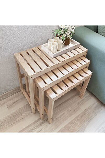 Morvizyon Zigon Sehpa Doğal Ahşap 3 lü Sehpa Yan Sehpa