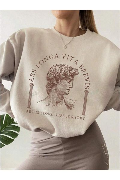 RASCHA Γυναικείο φούτερ σε μπεζ Ars Longa με στάμπα Oversize Crew Neck