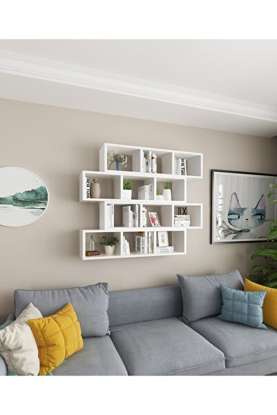Dekormer Design Kitaplık Modern Duvar Rafı Salon Yatay 4 Lü Takım Beyaz