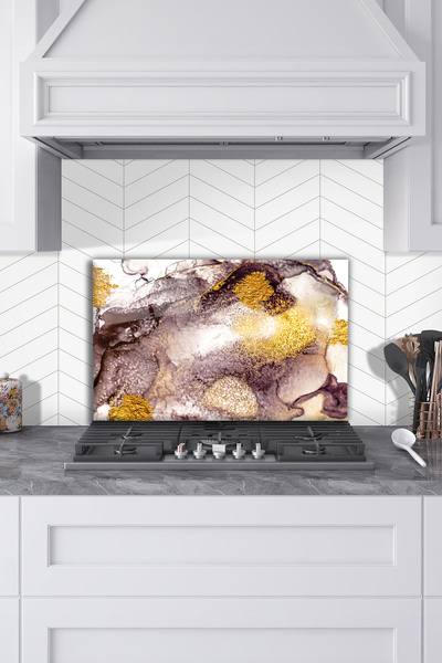 Rosyvien Gold Coffee Abstract Glass Stove Back Protector, Kitchen Built-In an...