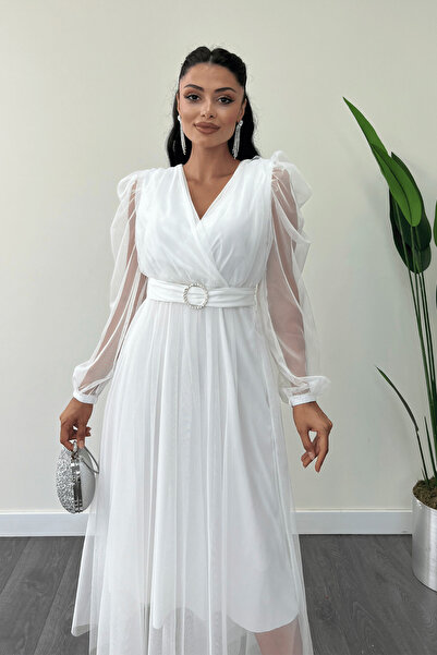 giyimmasalı Tül Kumaş Kruvaze Yaka Taş Kemer Detaylı Elbise - BEYAZ