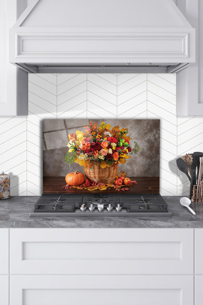 Rosyvien Flower Basket Pattern Glass Stove Back Protector, Kitchen Built-In a...