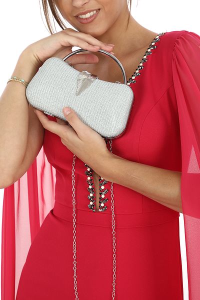womenacs Rochie de seara cu piept de culoare argintie - Geanta de seara portofoliu cu accesorii din frunze, mana si curea