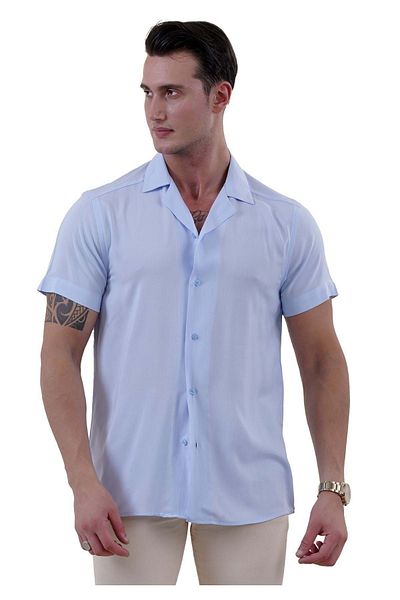 Exve Exclusive Light Blue Viscose Hawaiian Shirt - Breathable, Comfortable Fit, Short Sleeve