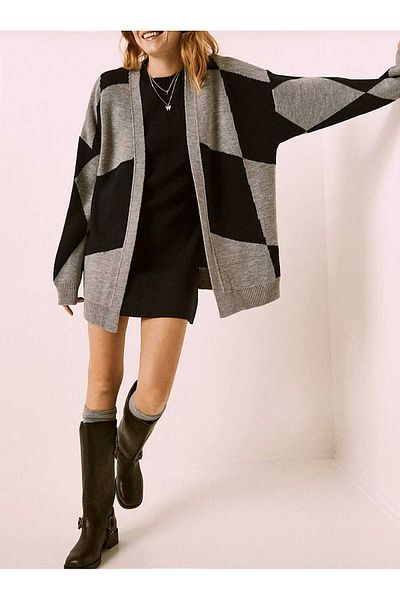 MY FLOWERS Black Beige Patterned - Thick Soft Knitwear Women's Cardigan Jacket