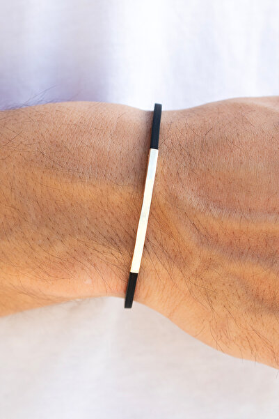 Uşaklıhafız 1945 14 Ayar Altın Bar Siyah Kauçuk Erkek Bileklik (17 CM)