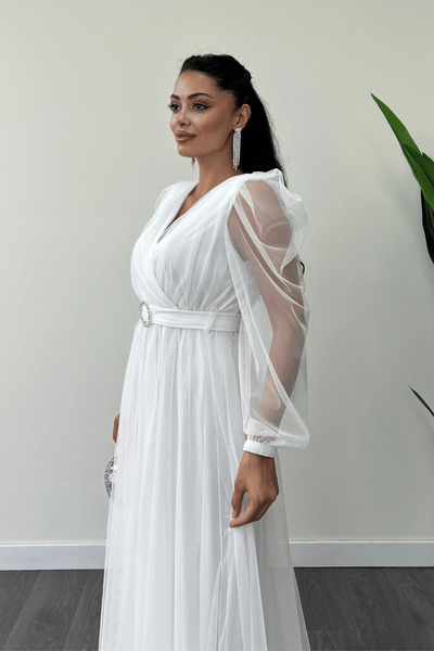 giyimmasalı Tül Kumaş Kruvaze Yaka Maxi Elbise - BEYAZ