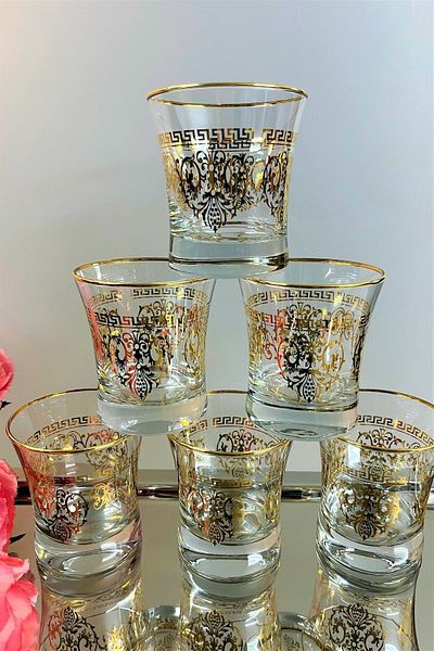 DECOSTYLE Pera Gold and Silver Patterned Azur Water Cup - 6-Piece 240cc Pasabahce Set