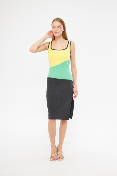 ESPİNA Kadın Kare Yaka Yırtmaçlı Blok Kolsuz Midi Elbise