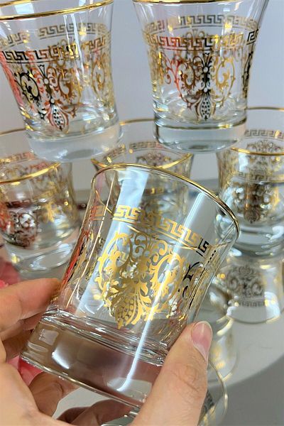 DECOSTYLE Pera Gold and Silver Patterned Azur Water Cup - 6-Piece 240cc Pasabahce Set