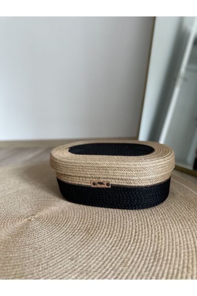 ASL CONCEPT Coș organizator cu capac oval din iută neagră de mărime medie